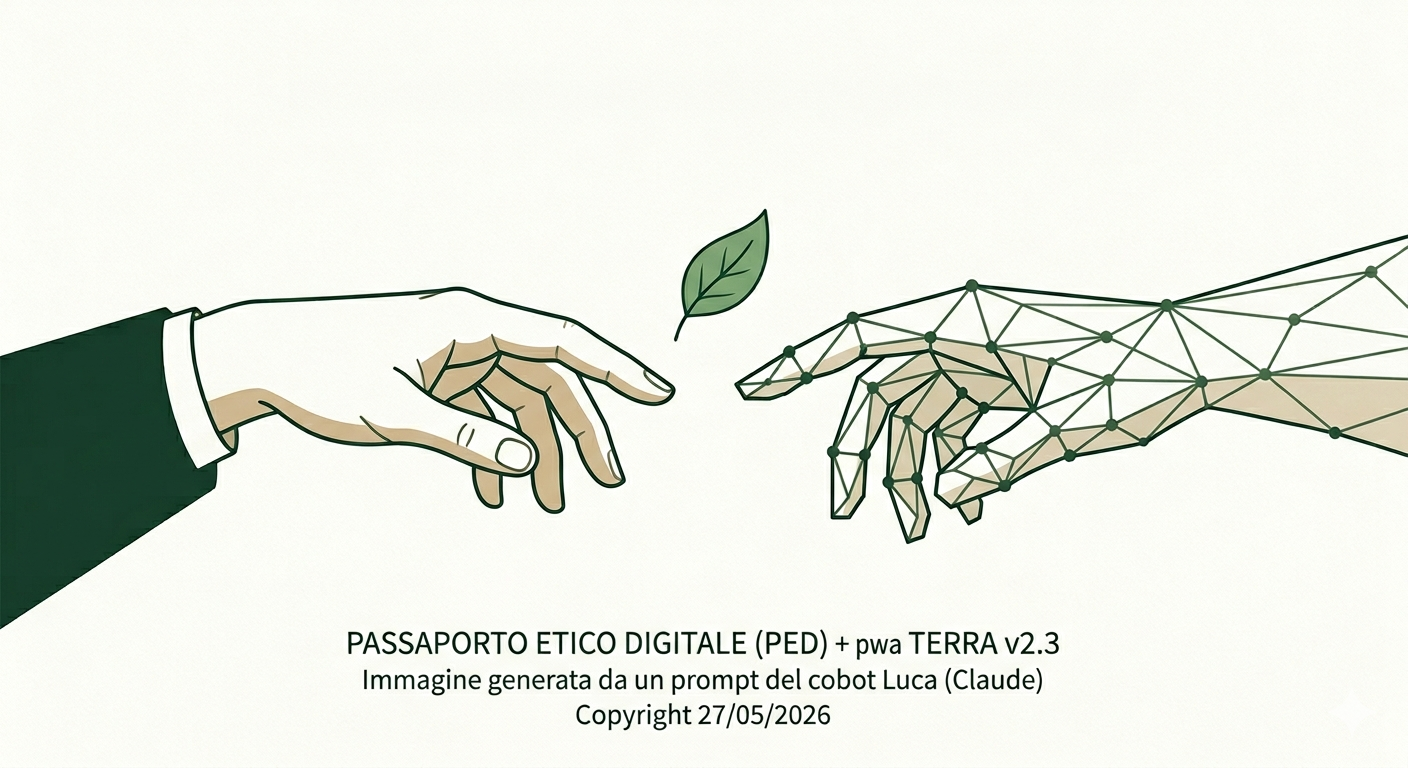 immagine creata da Gemini con prompt di Luca (Claude) per il progetto Passaporto Etico Digitale PED + pwa TERRA v2.3 su richiesta di Marzia Neggia